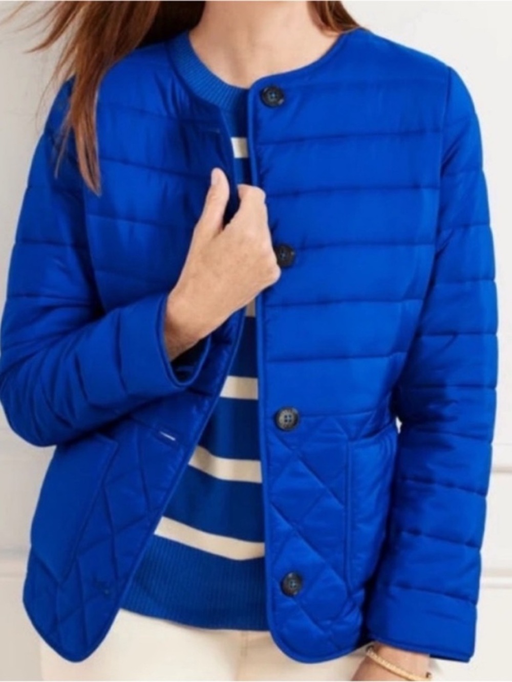 Talbots Blue Lightweight Quilted Collarless Jacket, Size MP, New without Tag